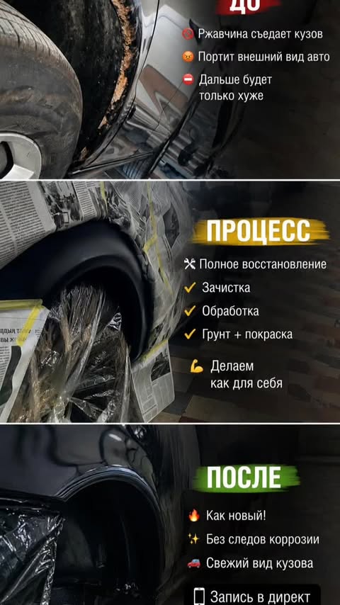 Реальный пример: колёсная арка до ремонта, в процессе и после — коллаж KUZOVROBOT